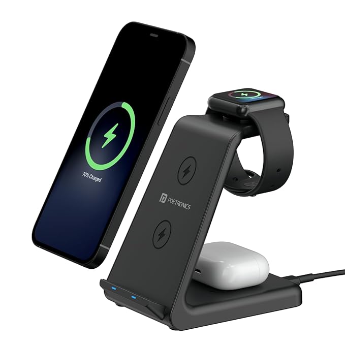 Portronics Freedom Trio 15w 3in1 Wireless Charger for iPhone 15/15 Plus/15 Pro/15 Pro Max, iPhone 14/14 Plus/14 Pro/Max, iPhone 13/12/11 Series, iWatches and AirPods etc. POR 2124