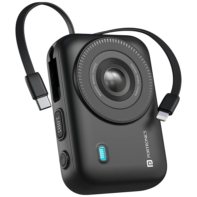 Portronics Power Shutter 20000mAh 15W Magnetic Wireless Fast Charging Powerbank with in-Built Type C & 8 Pin Cable, 22.5W Type C PD Output, Type C Bidirectional Port, LED Display (Black)