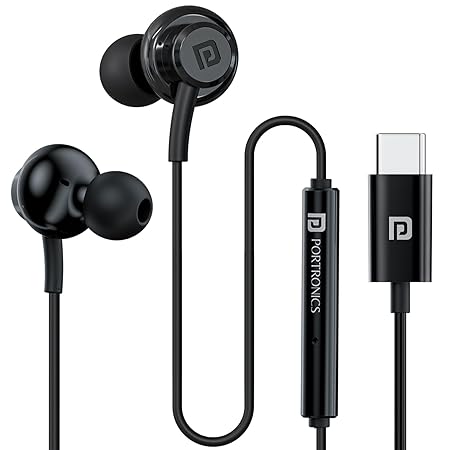 Portronics Conch Gamma C in Ear Type C Wired Earphones with in Line HD Mic & Magnetic Earbuds, Powerful Audio, 14.2mm Driver, TPE Anti Tangle Wire, in line Controls, Wide Compatibility(Black)POR 3064