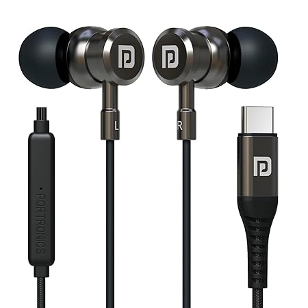 Portronics Conch Tune C in Ear Type C Wired Earphones with Mic,10mm Driver, 1.2m Nylon Braided Anti Tangle Wire, in line Controls, Metal Alloy Body, Wide Compatibility(Grey)POR 2003