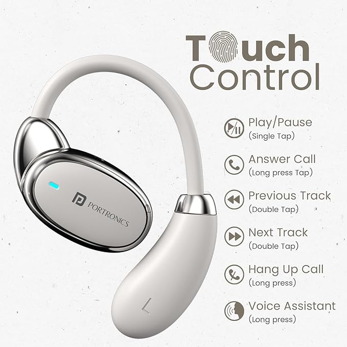 Portronics Harmonics Twins 31 Over Ear OWS Smart Wireless Earbuds with HD Mic, Secure & Flexible Earhook, Touch Control, 24 Hrs Playtime, Music/Gaming Mode, BT 5.4V, Light Weight POR 2750