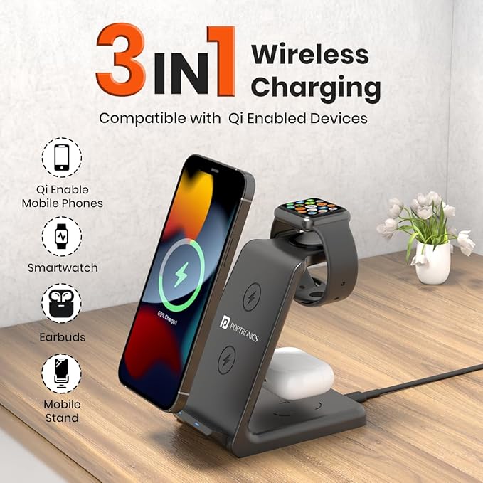 Portronics Freedom Trio 15w 3in1 Wireless Charger for iPhone 15/15 Plus/15 Pro/15 Pro Max, iPhone 14/14 Plus/14 Pro/Max, iPhone 13/12/11 Series, iWatches and AirPods etc. POR 2124