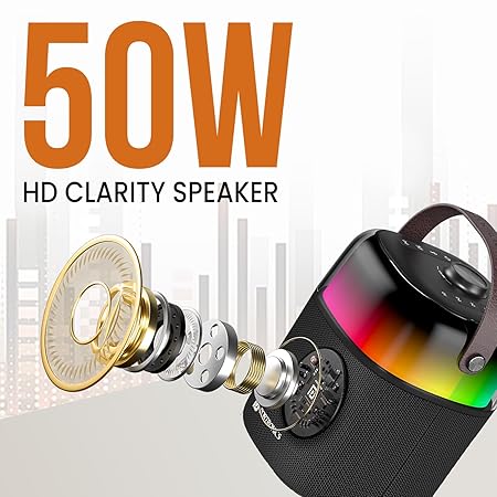 Portronics Dash 4 50W Wireless Bluetooth Party Speaker with Karaoke Mic, Upto 6 Hours Playtime, HD Sound, Bass Boost Technology, EQ Modes, 360° RGB Lights, BT 5.3v, AUX in, Type C Charging(Black)POR 2036