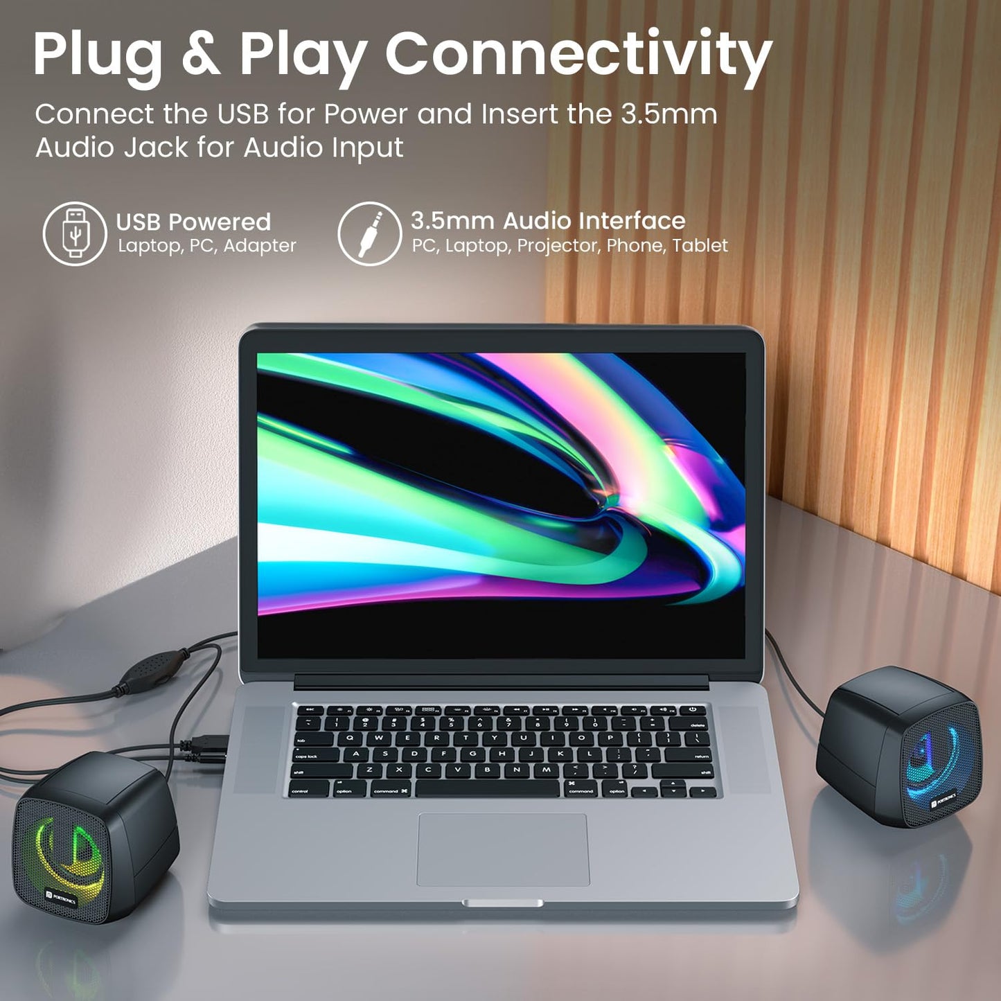 Portronics 6W in Tune 6 HD Sound 2.0 Channel Portable Desktop PC Speaker, 3.5mm Audio Jack, Volume Scroll Button, Multimedia Speaker, RGB LED Lights, Metal Mesh, USB Powered (Black)POR 2965