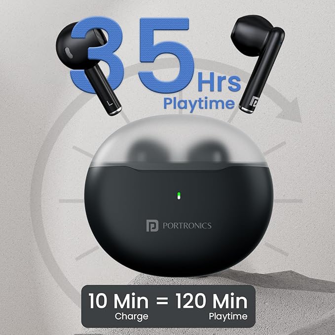 Portronics Twins S20 in Ear TWS Earbuds with 35 Hour Playtime, Touch Control, Low Latency, Game & Music Mode, 13mm Bass Dynamic Driver, IPX5 Water & Sweat Resistance, Type C Fast Charging(Black)POR 2218, 2219