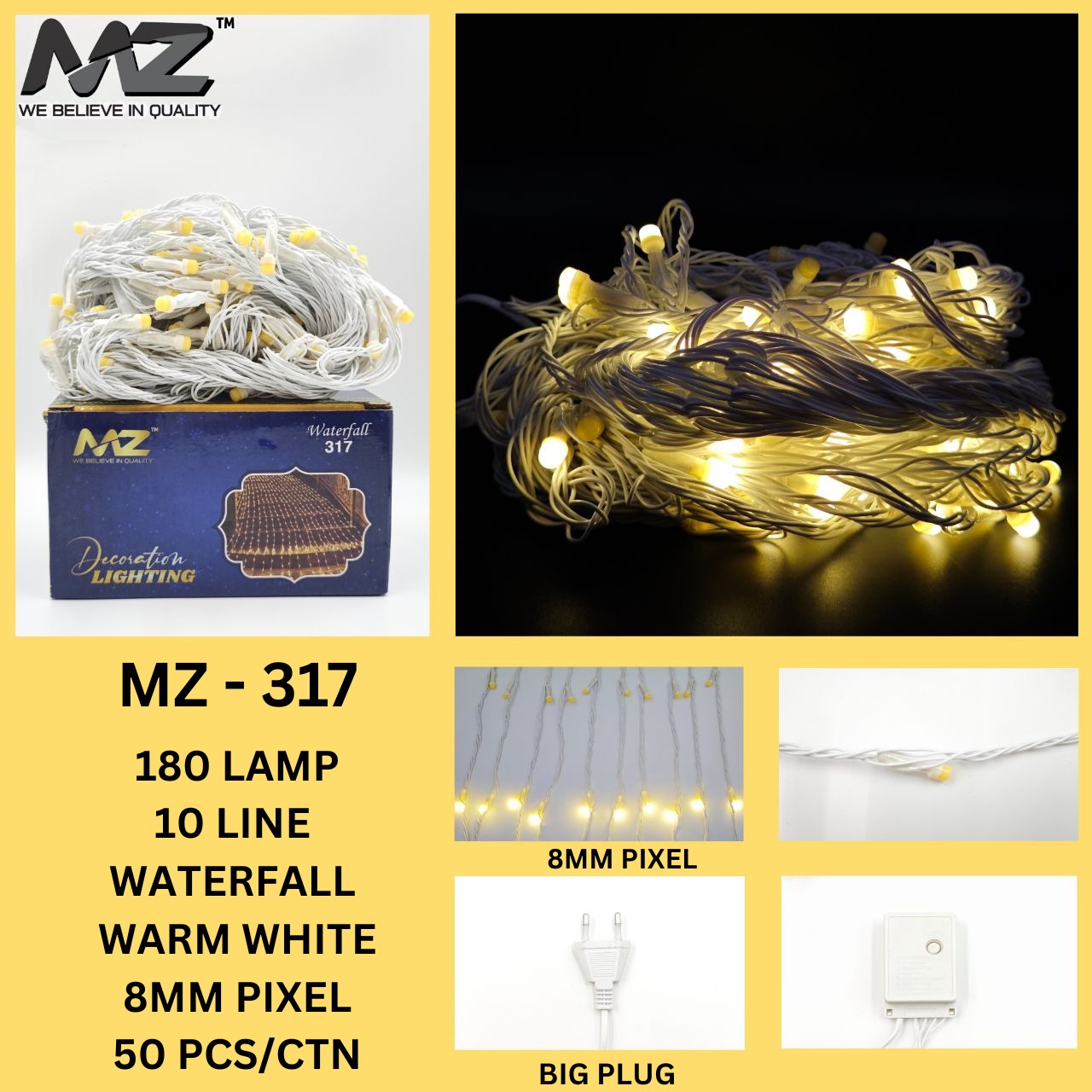 MZ-317,180 LED, 10 LINE, WATERFALL, 8MM PIXEL, WHITE WIRE, WARM WHITE