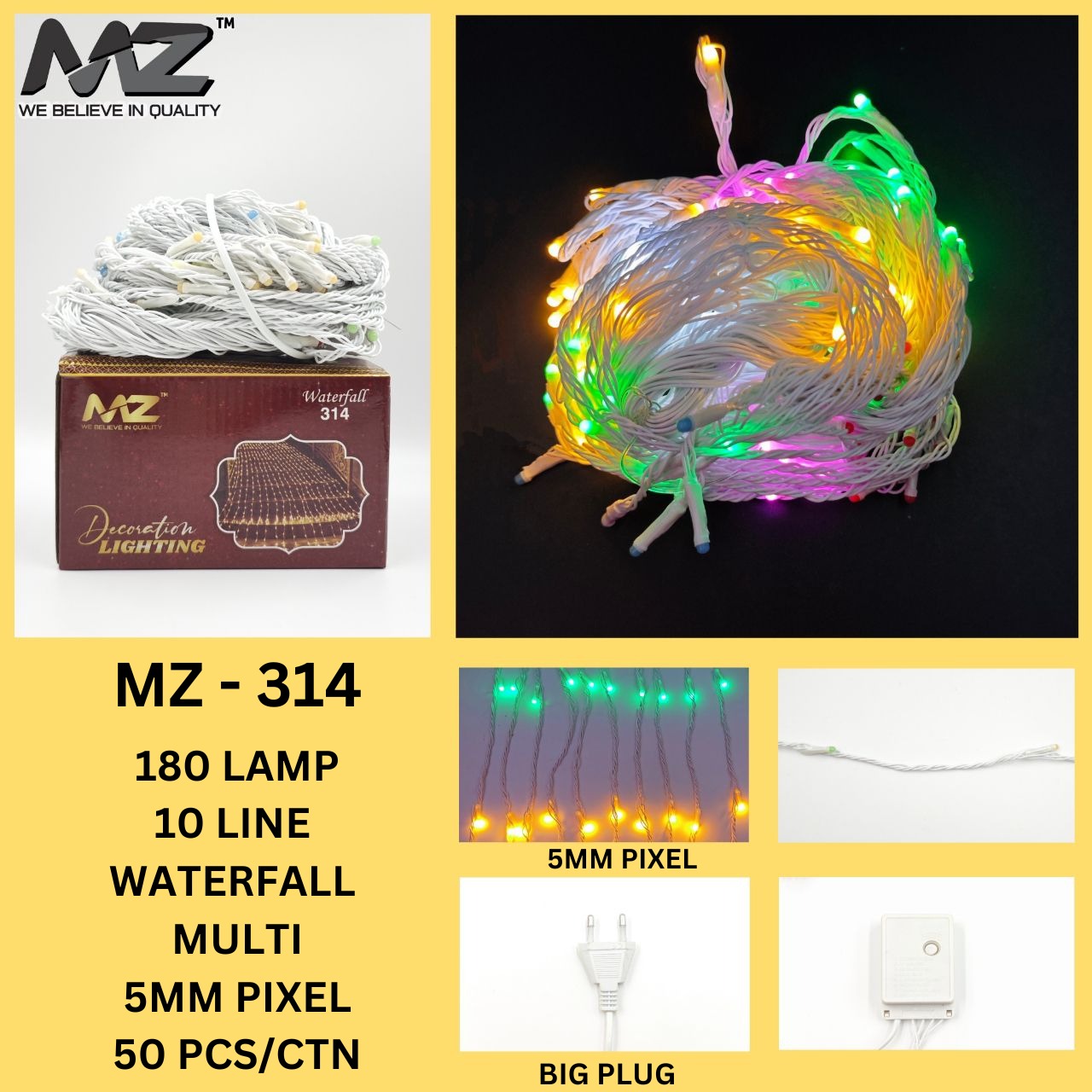 MZ-314,180 LED, 10 LINE, WATERFALL, WHITE WIRE, MULTI