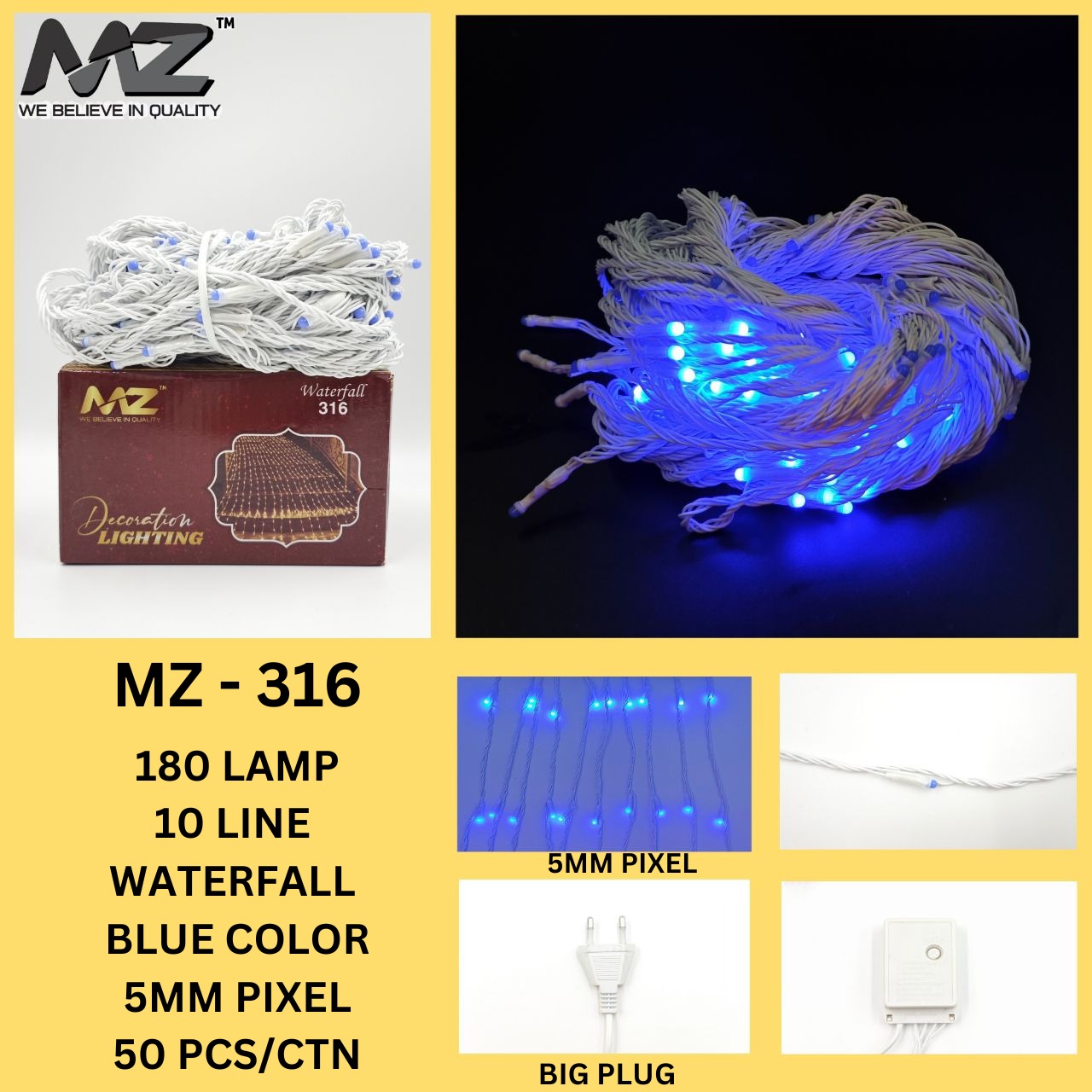 MZ-316 ,180 LED, 10 LINE, WATERFALL, WHITE WIRE, BLUE