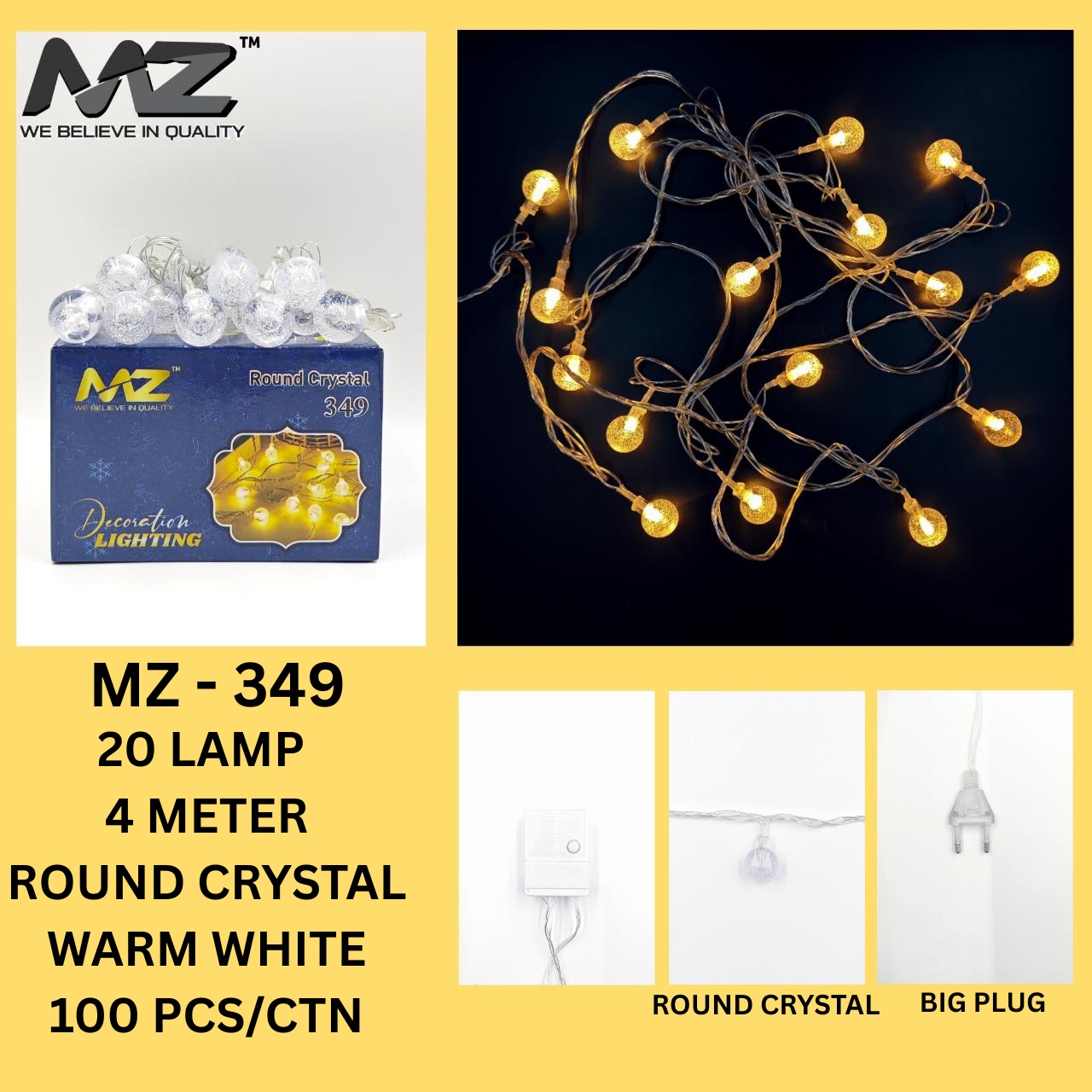 MZ-349 20 LAMP, 4 METER, GEL WIRE, WARM WHITE, ROUND CRYSTAL