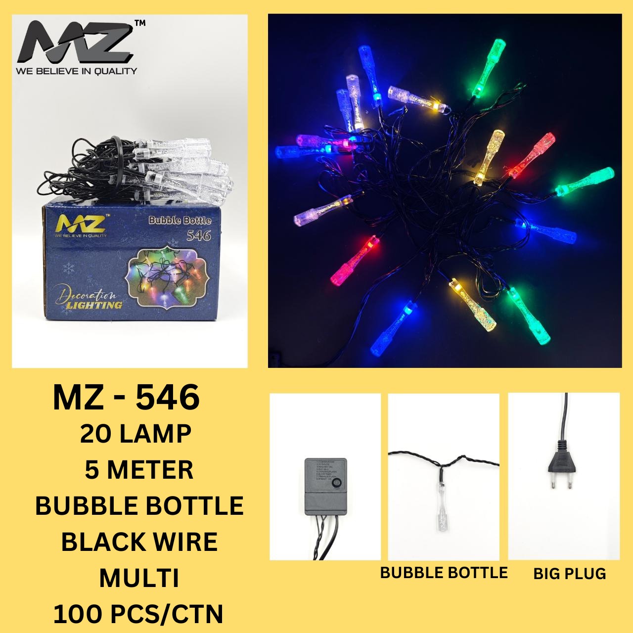 MZ-546 20 LAMP, 5 METER, BLACK WIRE, BUBBLE BOTTLE, MULTI RGRB