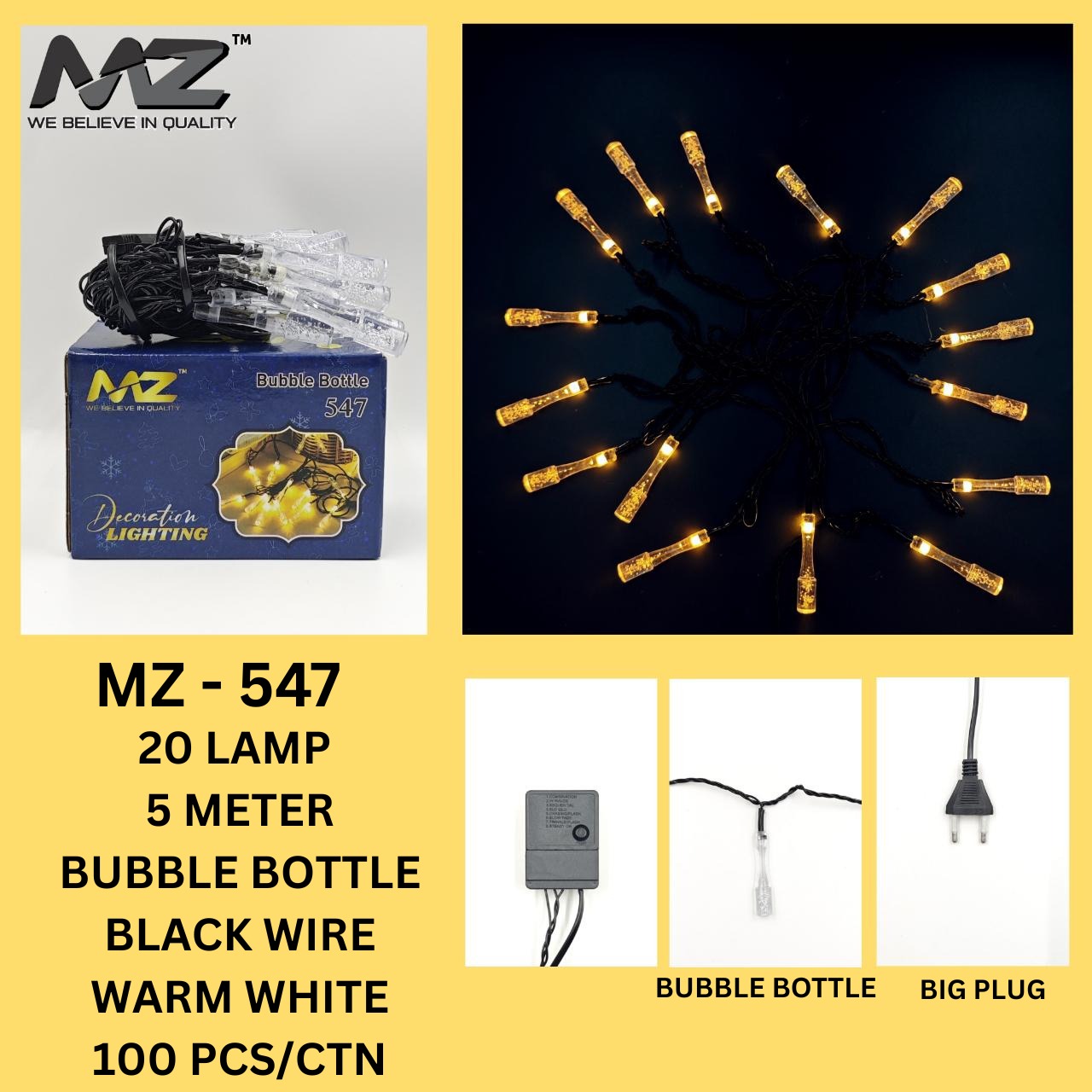MZ-547 20 LAMP, 5 METER, BLACK WIRE, BUBBLE BOTTLE, WARM WHITE