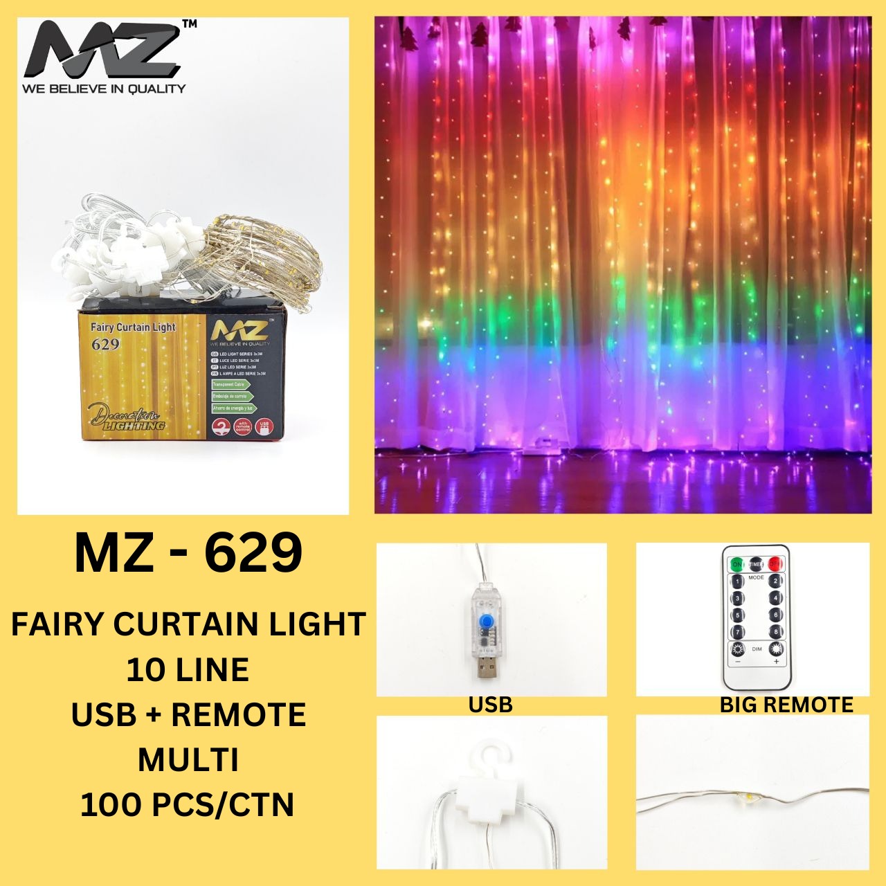 MZ-629 FAIRY CURTAIN LIGHT USB + REMOTE 10 LINE WITH HOOK MULTI