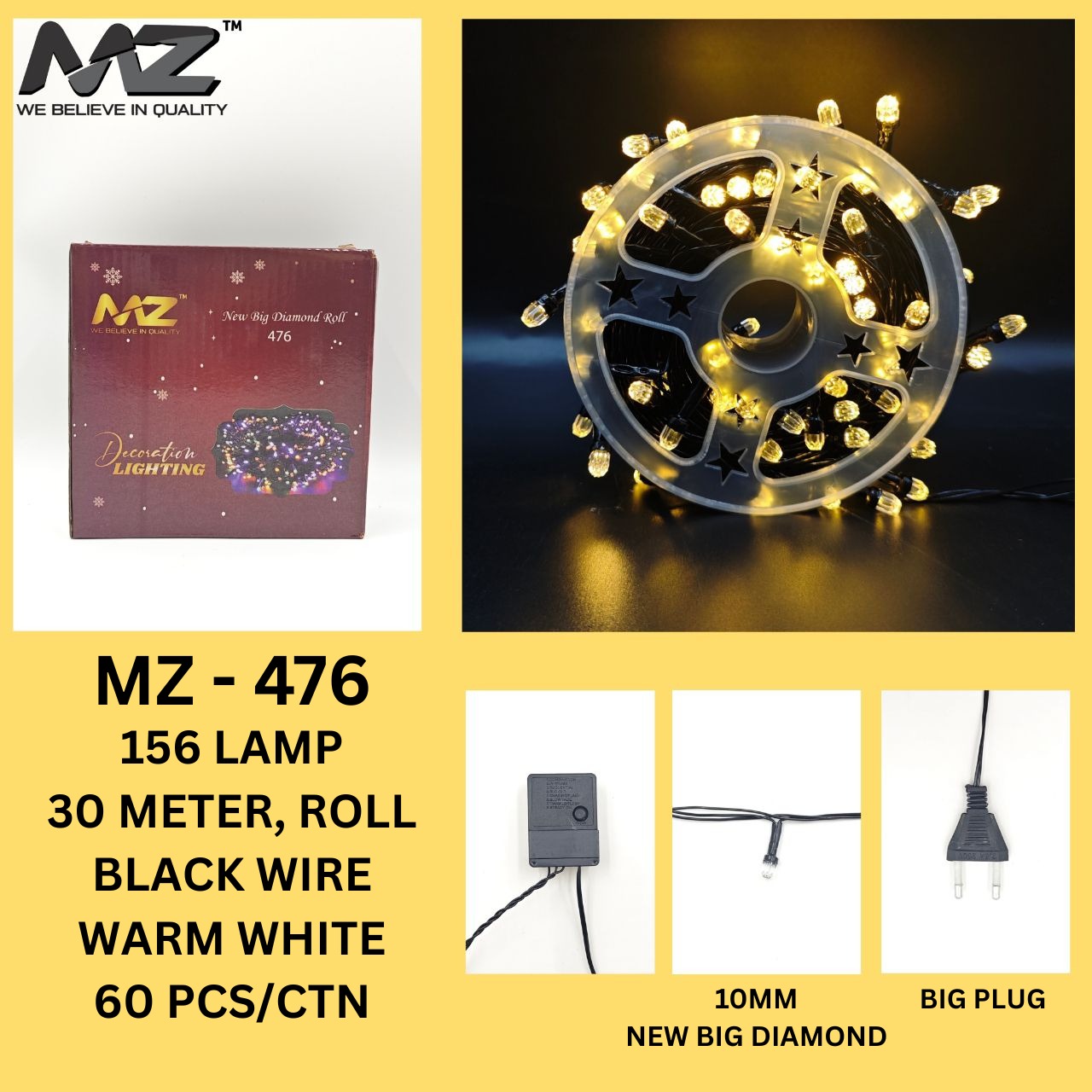 MZ-476 156 LAMP, 30 METER, BLACK WIRE, NEW BIG DIAMONG, (ROLL), WARM WHITE