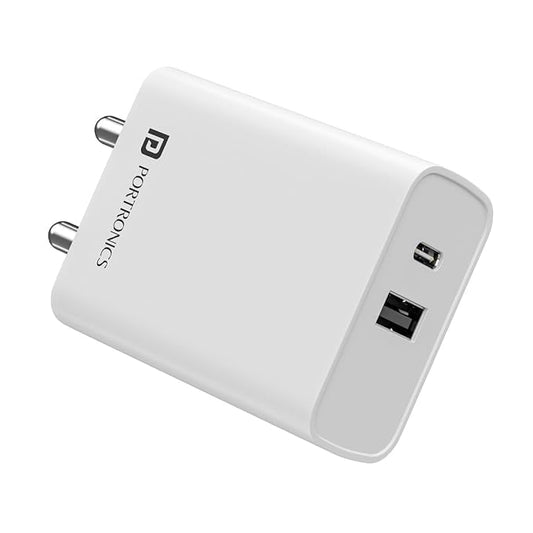 Portronics Adapto 70 33W Fast Charger Adapter with Dual Output (USB + Type C) Supports PPS Charging Via Type C Port, 27W Dash, Warp 27W, Dart, Super Dart 27W(White)POR 1832, 2029