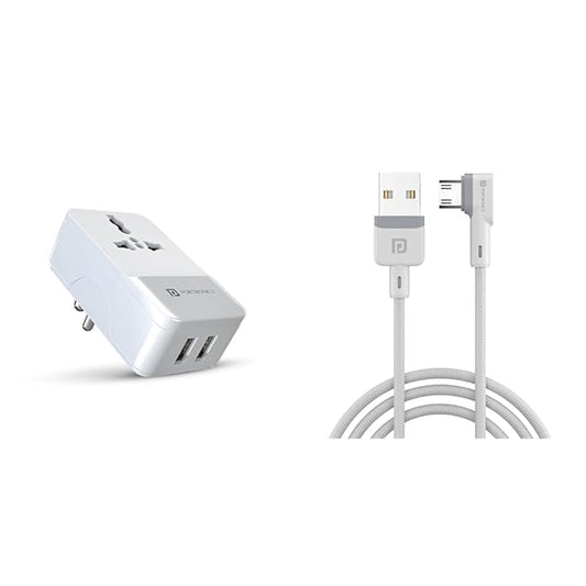 Portronics Adapto III Dual USB Adapter with 1 AC Power Socket (3.4A, White) & Portronics Konnect L 1.2M Fast Charging Micro USB Cable (White).POR 1362, 1372