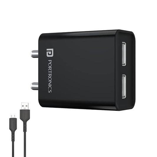 Portronics Adapto 66 2.4A 12w Dual USB Port 5V/2.4A Wall Charger,Comes with 1M Micro USB Cable, USB Wall Charger Adapter for Smartphone (Black)POR 1066