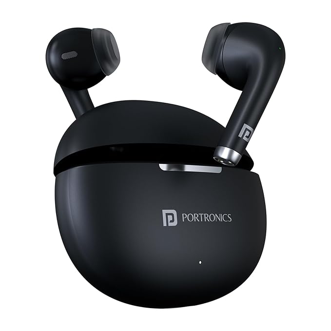 Portronics Harmonics Twins S19 Truly Wireless in Ear Earbuds with 30 Hours Playtime, Unique Earbuds Design, HD Quality Mic, Touch Control, Game/Music Mode, Low Latency, Type C Fast Charging(Black)POR 2214, 2215