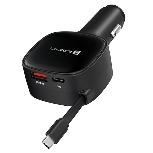Portronics Car Power Retracto 84W 3 in 1 Car Charger, 80 cm Retractable Cable (33W Type-C PD), Dual Port (18W USB Type-A & 33W Type-C) for Laptop, Android, iPhone, Earbuds and More (Black)