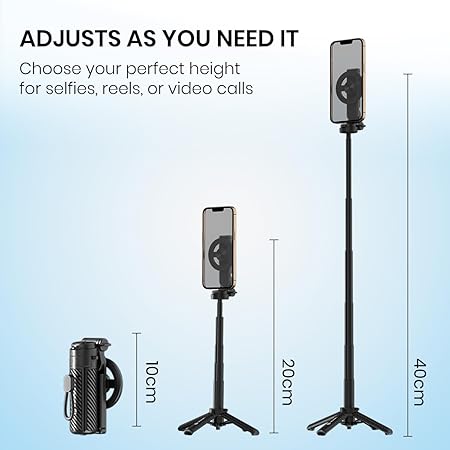 Portronics Lumistick Snap Magnetic Selfie Stick with Quadripod Stand, Detachable Bluetooth Remote, 360° Rotation ,Includes Metal Ring, for iPhone & Android, Foldable & Travel -Friendly for Vlogging & Recording POR 3142