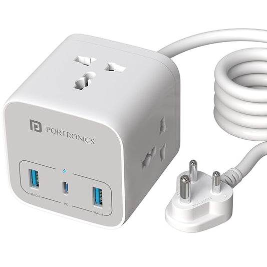 Portronics 20W Volt 20 High Speed Smart Desktop Charger with 3M Copper Cable, Type C PD Port, 2 USB Mach Port, 3 AC Power Socket, Compatible with Laptop,Smartphones,iPhones,Tablet,Power Bank(White)POR 2846
