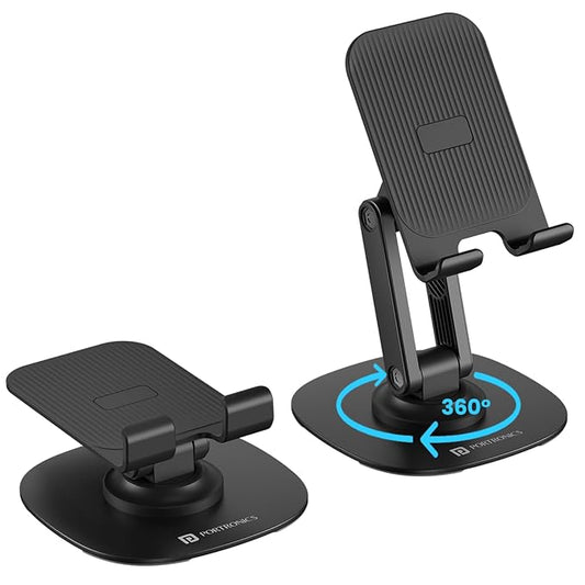 Portronics Mobot III 360° Rotatable & Foldable Mobile Phone Holder With Stable Metallic base,Adjustable Height, Anti Skid Pad,Tabletop Mobile Phone Stand for all Smartphones,tablets,Kindle,ipad(Black)POR 2046, 2047