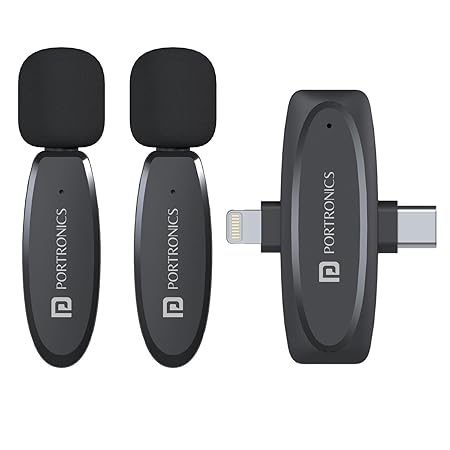 Portronics Vlogmate Dual Mic Omnidirectional Wireless Microphone with Type C & 8 Pin Receiver, Noise Cancellation, Plug & Play, Lapel Wireless Mic for Video Recording, Supports Type C Android, iPhone POR 2320