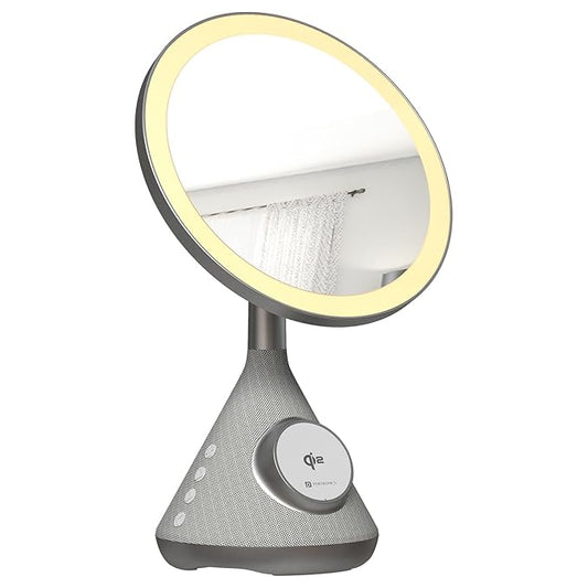 Portronics MOVO 3 in 1 Wireless Charger with 5W Bluetooth Speaker & Makeup Mirror, Qi2 Certified 15W Wireless Charging, 3 LED Lights with Adjustable Intensity, 90° Adjustable Mirror, Type C Input POR 2136
