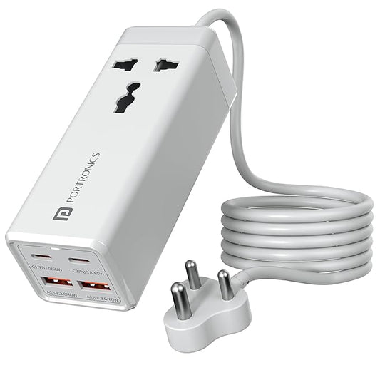 Portronics Adapto Volt 65 65W High Speed 5-in-1 Power Strip with 2 Type C PD Ports, 2 Mach USB Ports and 1 AC Power Socket, Compatible with Laptop,Smartphones, iPhones, Tablet, Power Bank(White)POR 1251
