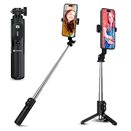 Portronics Lumistick Mini Extendable Multifunctional 3-in-1 Selfie Sticks with Wireless Detachable Bluetooth Remote & Tripod Stand,Portable Lightweight Selfie Stick for iPhone & Android Mobiles(Black)POR 2840
