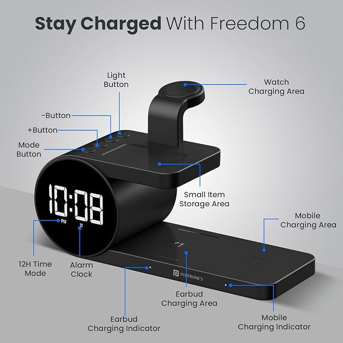 Portronics Freedom 6 15W Wireless Charger with 6-in-1 Function, Earbuds & Watch Wireless Charging, Digital Clock with Alarm, Compatible with iPhones/Samsung Smartphone Series, Support Fast Charging POR 2130