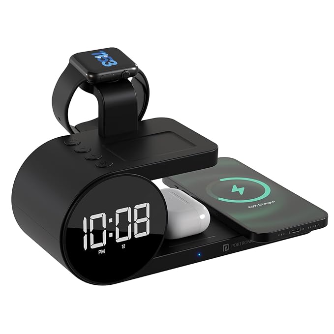 Portronics Freedom 6 15W Wireless Charger with 6-in-1 Function, Earbuds & Watch Wireless Charging, Digital Clock with Alarm, Compatible with iPhones/Samsung Smartphone Series, Support Fast Charging POR 2130