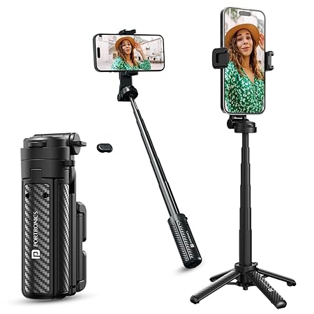 Portronics Lumistick Air 2-in-1 Smart Selfie Stick with Quadripod Stand, Detachable Bluetooth Remote,360° Rotation,Easy Angle Adjustment, Firm Grip, Foldable, Travel-Friendly for Vlogging & Recording POR 3141