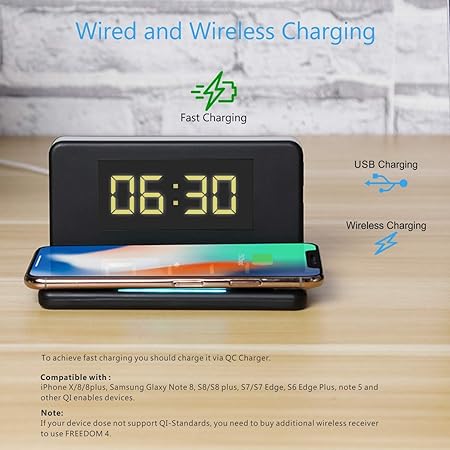 Portronics Freedom 4 Desktop Wireless Mobile Charger with QC Adapter for Fast Charging, Alarm Clock and LED Lamp (Black)