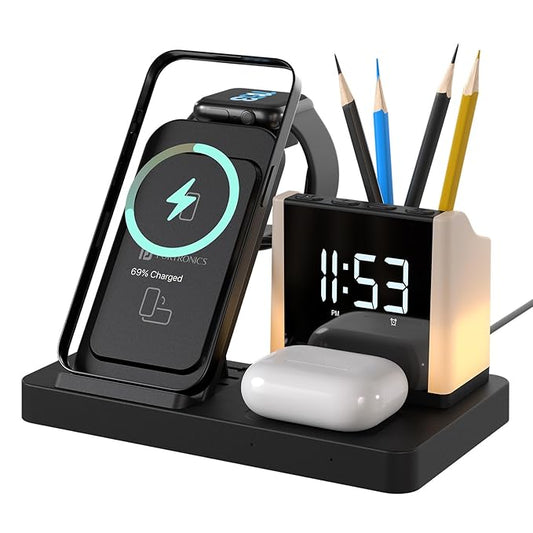 Portronics HexaCharge 6in1 15W Fast Magnetic Wireless Charging for iPhone 15/15 Plus/15 Pro/15 Pro Max,14/14 Plus/14 Pro/14 Pro Max,13/12, Wireless Earbuds & Smartwatches, Pen Stand, LED Lamp (Black)POR 2128