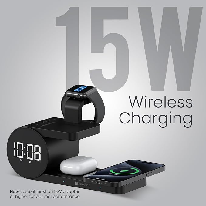 Portronics Freedom 6 15W Wireless Charger with 6-in-1 Function, Earbuds & Watch Wireless Charging, Digital Clock with Alarm, Compatible with iPhones/Samsung Smartphone Series, Support Fast Charging POR 2130