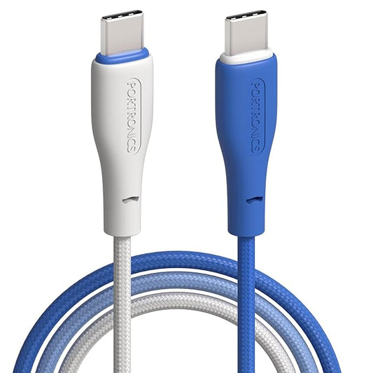 Portronics Hue x 60W Dual Tone Colour Type C Fast Charging Cable for Smartphones, Tablets,iPads, Laptops & Other Type C Devices, 480Mbps Data Sync, Premium Braided Cable (White+Blue)POR 3012, 3013, 3014