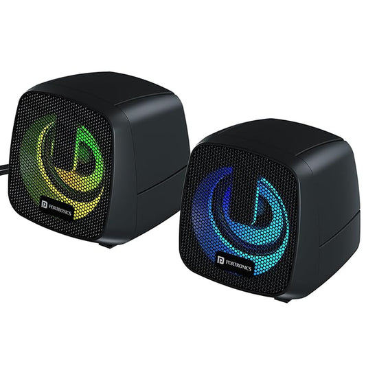 Portronics 6W in Tune 6 HD Sound 2.0 Channel Portable Desktop PC Speaker, 3.5mm Audio Jack, Volume Scroll Button, Multimedia Speaker, RGB LED Lights, Metal Mesh, USB Powered (Black)POR 2965