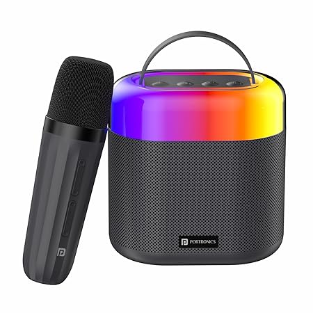Portronics Dash 3 16W Bluetooth Speaker with Wireless Karaoke Mic, 5 Hours Playtime, Multicolor RGB Lights, 3 EQ Modes, 5 Voice Effects, AUX in, BT5.3v, Micro SD Card, Type C Charging Port(Black)POR 2000