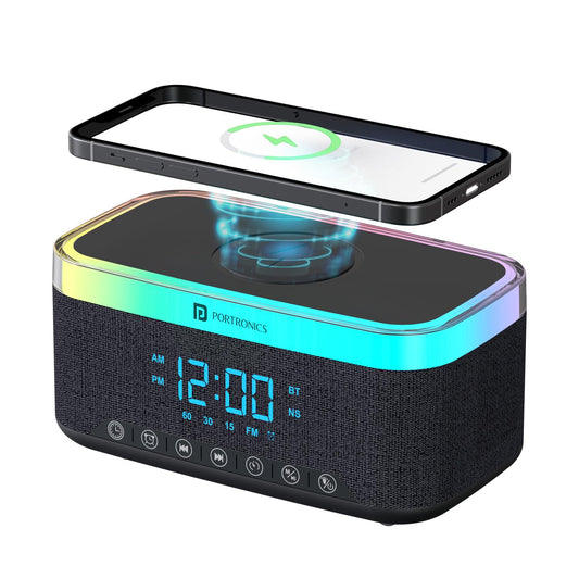 Portronics Trifusion 16W HD Sound Bluetooth Speaker with 15W Wireless Charging, 360°RGB LED Lights, Digital Clock with Alarm Setting, Built-in White Noise, USB/SD Card/AUX in, Type C Charging(Black)POR 2333