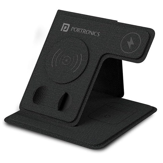 Portronics Freedom Fold 3 15W 3 in 1 Foldable MagSafe Compatible Wireless Charger for iPhone 12 & Above Series, Apple Watches & AirPods with Premium PU Leather, 1M Type C Charging Cable(Black)POR 2125