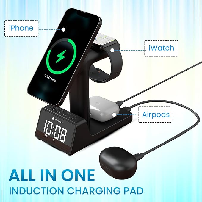 Portronics Bella 2 3 in 1 15W Magnetic Wireless Charging Station with Digital Alarm Clock, Compatible with iPhone 15/15 Plus/15 Pro/15 Pro Max, iPhone 11/12/13/14 Series, iWatches and AirPods(Black)POR 2126