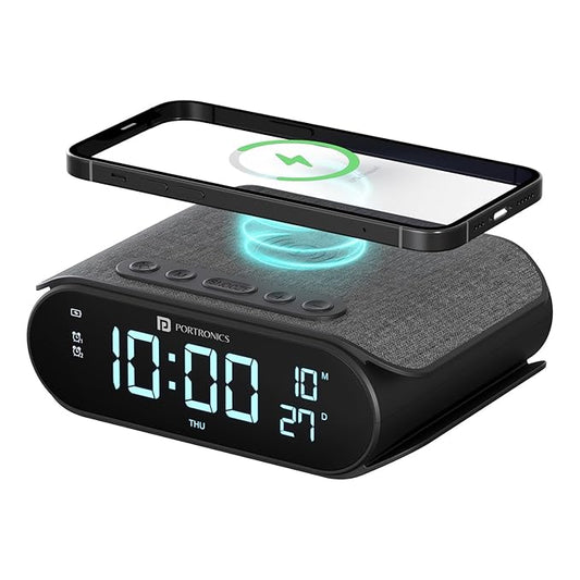 Portronics VoltClock 15W Wireless Charger for All Compatible Wireless Charging Smartphones, Digital Clock, 2 Alarm Setting with Snooze Button, Room Temperature Display,Wireless Fast Charging(Black)POR 2129