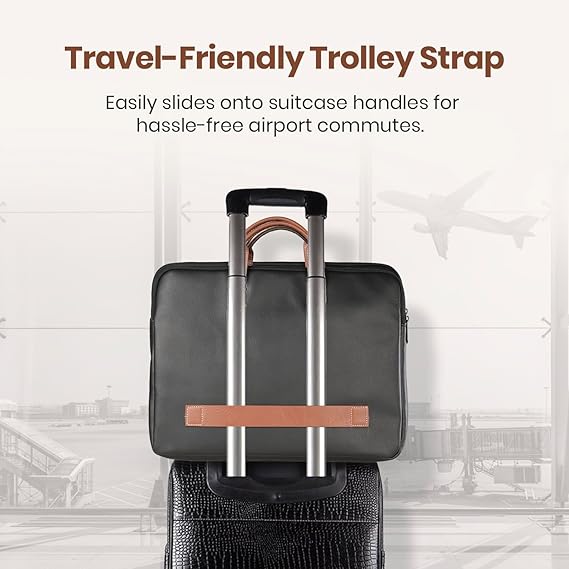 Portronics Encase 104 Laptop Sleeve for 15.6 Inch Laptops, PU Leather Office Bag with Trolley Strap, Smart Inner Pocket, Comes with Handle & Accessory Pockets, Office Laptop Bag/Case/Cover (Black)