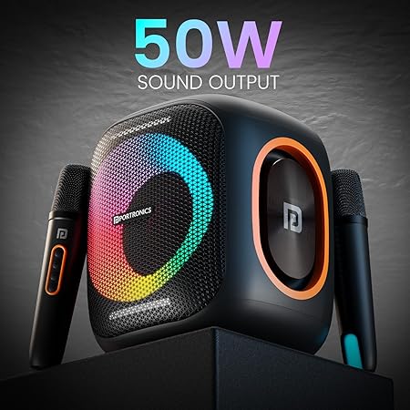 Portronics Dash 10 50W Wireless Bluetooth Party Speaker With Dual Wireless Karaoke Mic, Upto 6 Hours Playtime, Dual Bass Radiator, HD Sound, RGB LED Lights,BT 5.3V,AUX IN,USB In,Type C Charging(Black)POR 2342