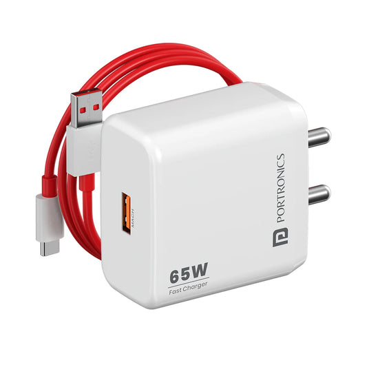PORTRONIOCS Adapto 65A, 65W Super Fast Charger|High-Speed MACH USB-A | 1 M Fast Charging Cable | Compatible with OnePlus, Oppo, and Realme POR 1252