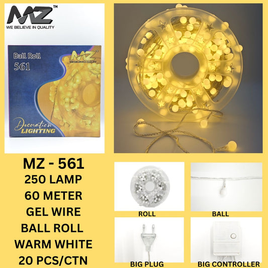 MZ-561  250 LAMP, 60 METER, GEL WIRE, BALL ROLL, WARM WHITE