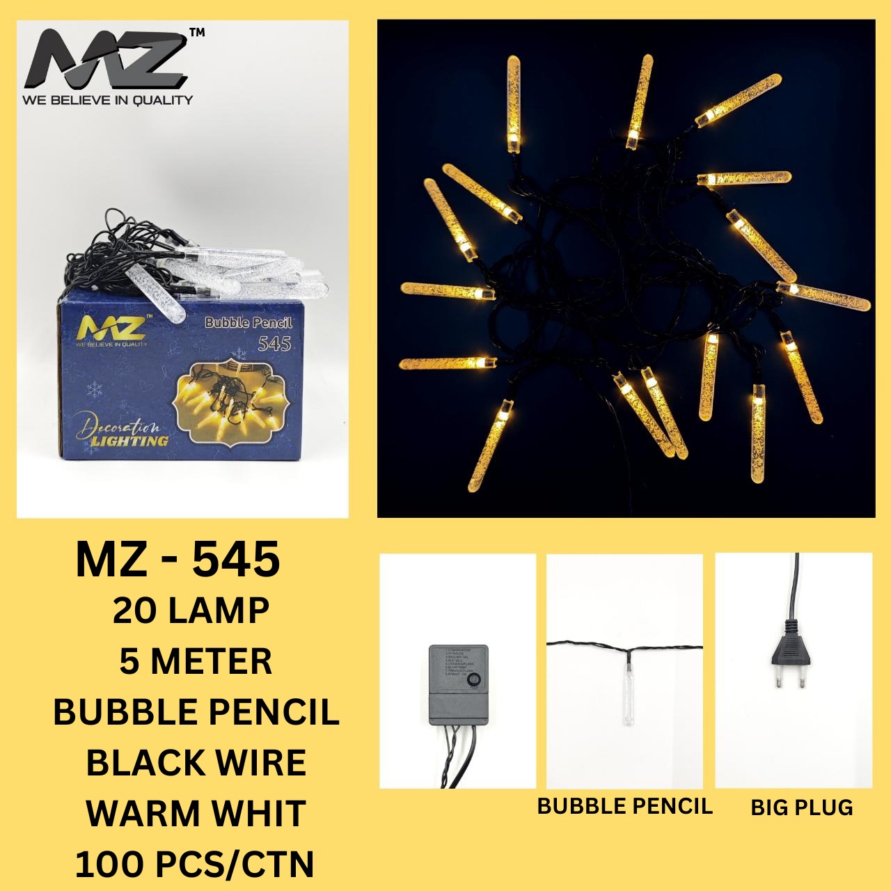 MZ-545 20 LAMP, 5 METER, BLACK WIRE, BUBBLE PENCIL, WARM WHITE