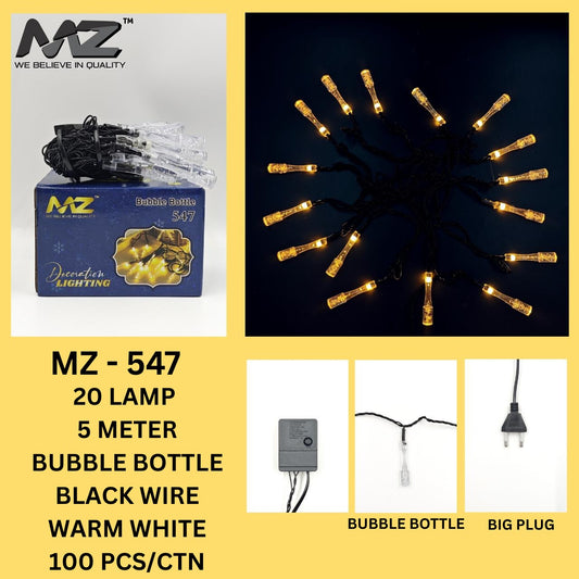 MZ-547  20 LAMP, 5 METER, BLACK WIRE, BUBBLE BOTTLE, WARM WHITE