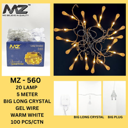 MZ-560  20 LAMP, 4 METER, GEL WIRE, WARM WHITE, BIG LONG CRYSTAL