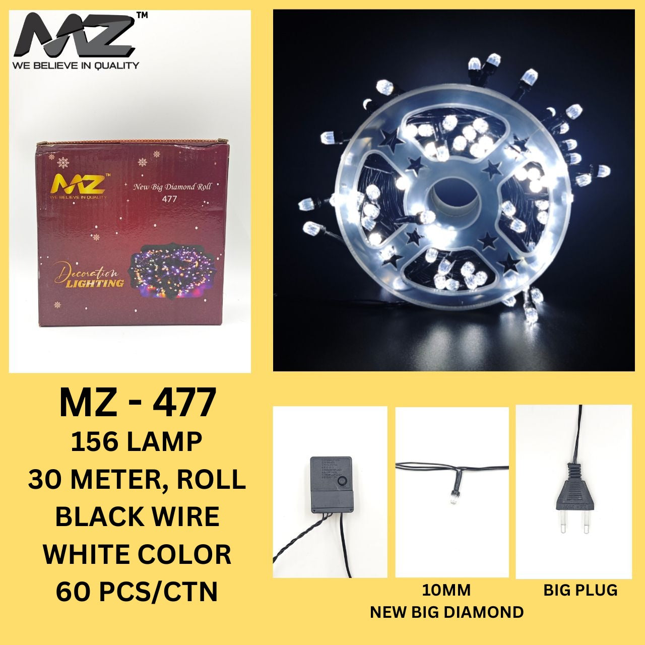 MZ-477  156 LAMP, 30 METER, BLACK WIRE, NEW BIG DIAMONG, (ROLL), WHITE
